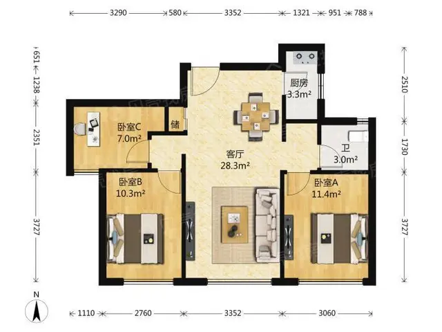 碧桂园，精装，三室两厅一卫，采光很好家具齐全，2800一个月 - 图片 10