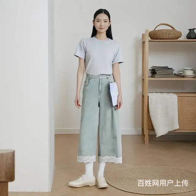 温碧霞代言IRENENA服装时尚蕾丝蓝色阔腿牛仔裤 - 图片 1