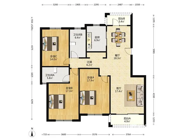 盛源佳苑3房2卫144.00m2 130万 - 图片 10