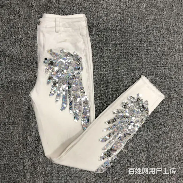 大品牌剪标签镶钻秀珠钉宝石时尚牛仔裤 - 图片 12
