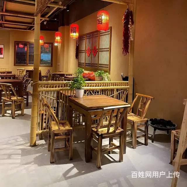 河南厂家农家湘菜馆实木餐桌椅乡村农业风桌椅农家特色 - 图片 1