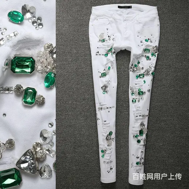 大品牌剪标签镶钻秀珠钉宝石时尚牛仔裤 - 图片 6