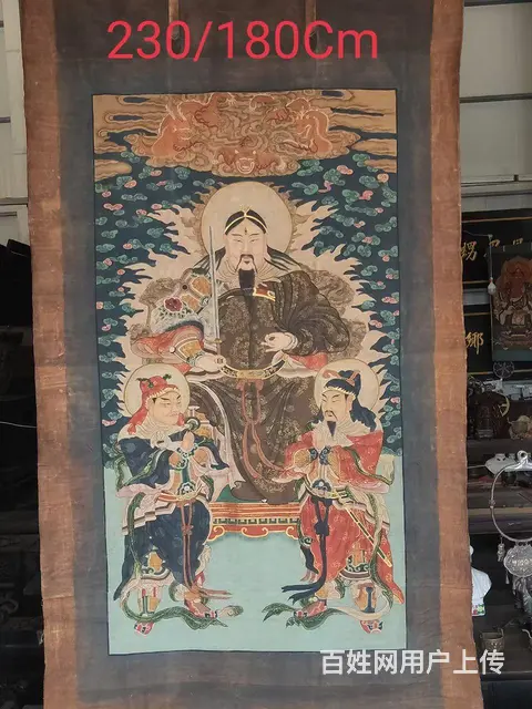 清代，民间画家画的，大尺寸老粗布纯手绘五彩描金画， - 图片 1